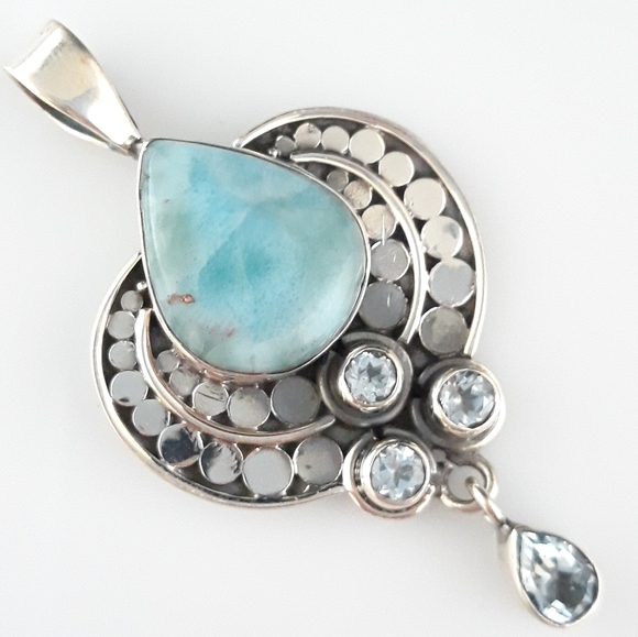 Sterling Silver Natural Larimar and Blue Quartz - Picture 7 of 10